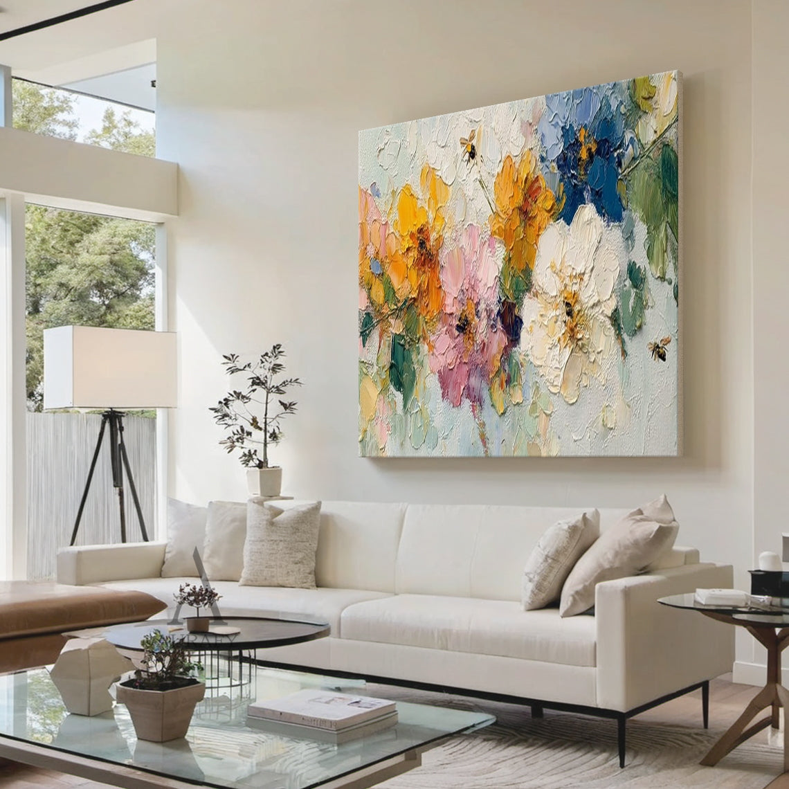 3D Impasto Textured Painting Colorful Floral Bouquet with Bees Tactile Surface Artwork AURA447