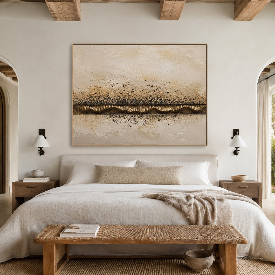 Wabi-Sabi Plaster Textured Painting Japandi Neutral Beige Brown Abstract Sculpted Canvas Gold Accent Tactile Wall Art AURA765