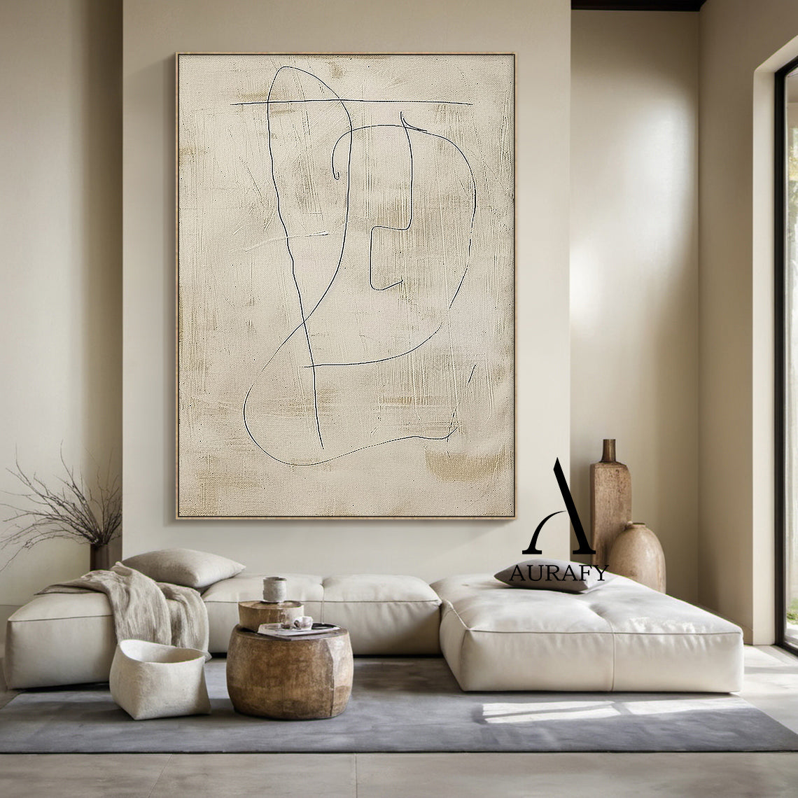 Minimalist Beige Plaster Textured Line Art Japandi Abstract Neutral Wall Decor Modern Organic Canvas Artwork AURA542