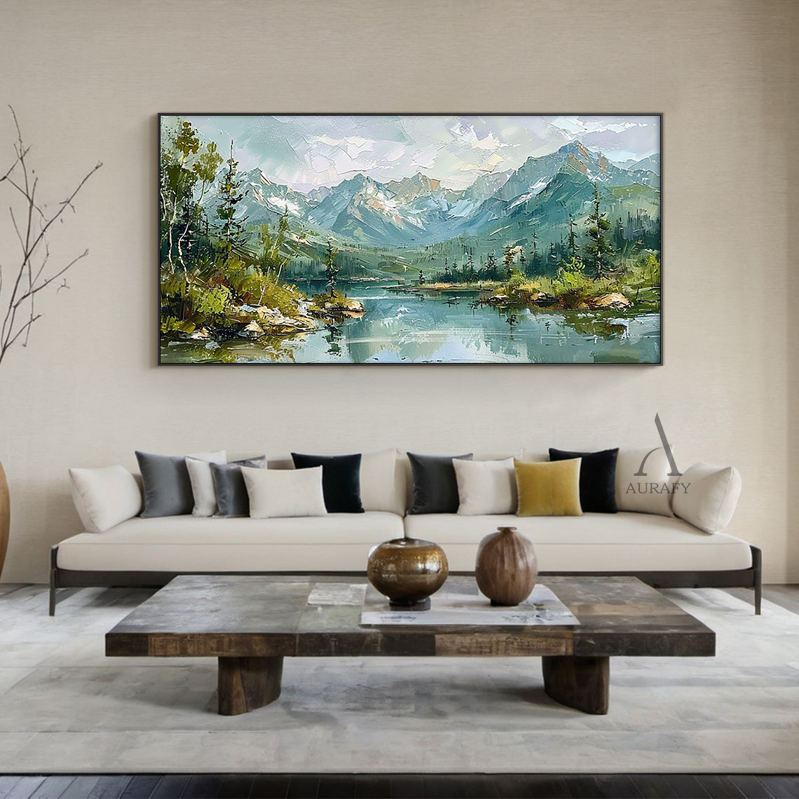 Green Landscape Oil Painting Modern Organic Visible Brushstrokes Lush Mountain Lake Art AURA421