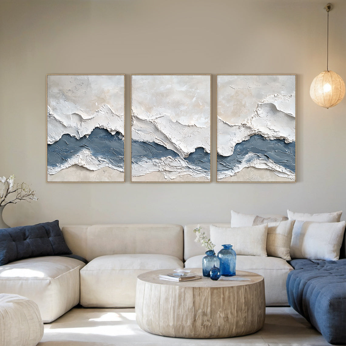 Modern 3D Textured Blue Abstract 3-Piece Living Room Wall Art AURA165