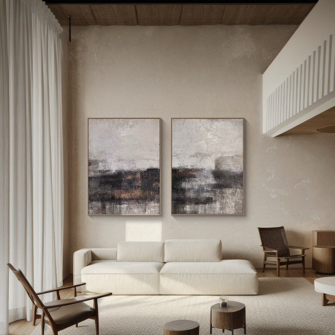 Wabi Sabi Abstract Canvas Wall Art Set of Two Beige Black Living Room Decor AURA207
