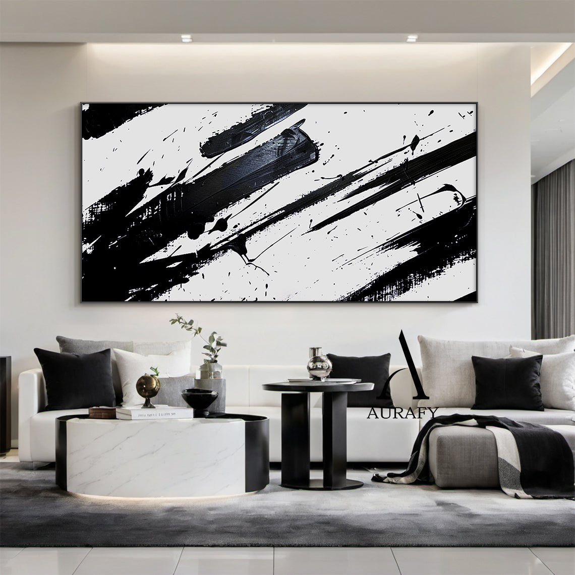 Minimalist Wall Art Black White Abstract Brushstroke Ink Splatter Dynamic Tactile Art AURA551