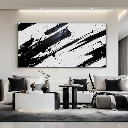 Minimalist Wall Art Black White Abstract Brushstroke Ink Splatter Dynamic Tactile Art AURA551