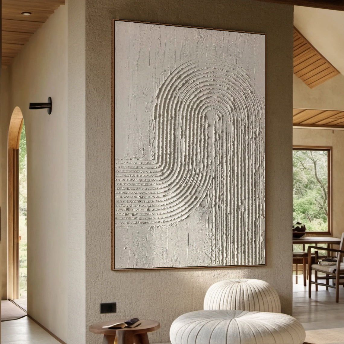 Curved Line Texture Wall Art – Soft Ivory Minimalist Relief – AURA013