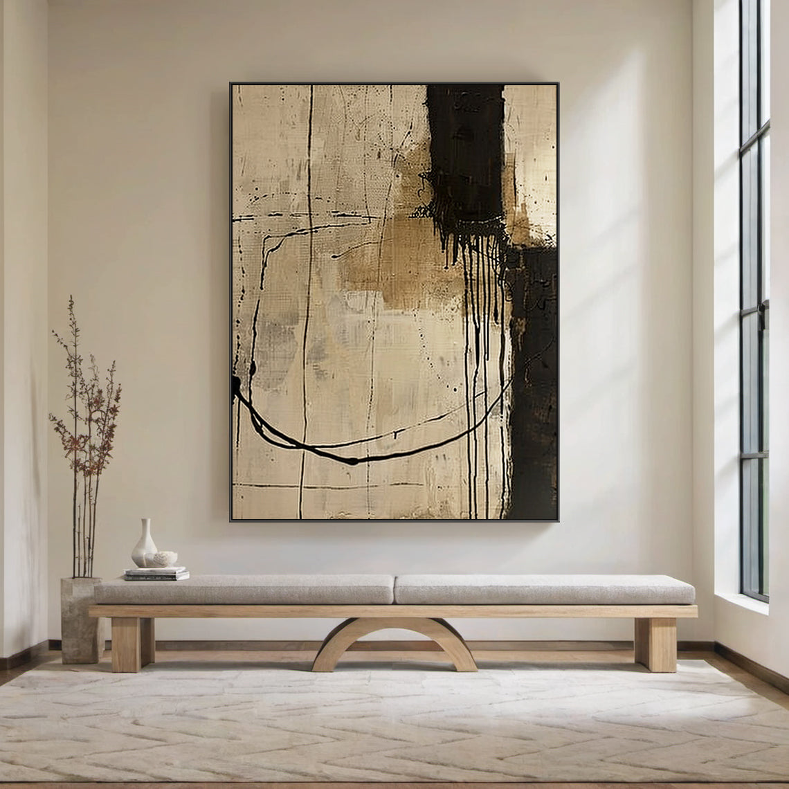 Wabi Sabi Beige Black Tactile Canvas Art with Paint Drip Details Irregular Lines Rustic Texture AURA586
