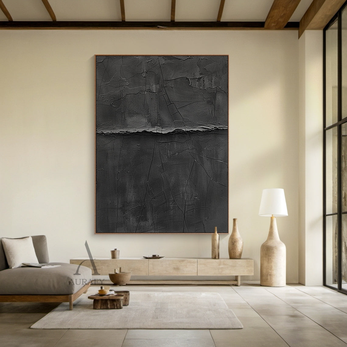 Minimalist Black Wall Art Cracked Tactile Surface High-Relief Wabi-Sabi Inspired Decorative Artwork AURA427