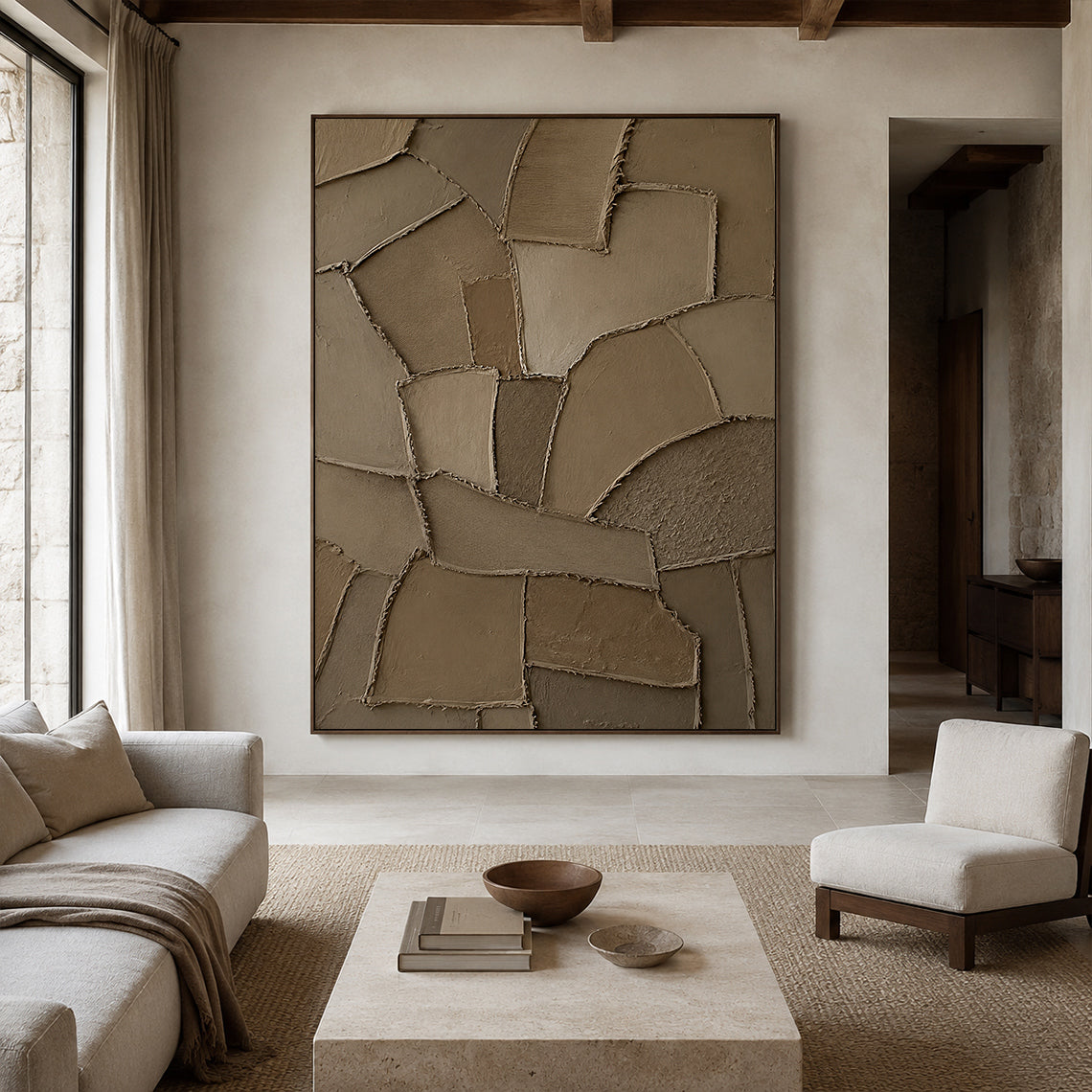 Wabi Sabi Brown 3D Textured Plaster Sculpted Canvas Japandi Minimalist Luxe Tactile Knife Stroke Art AURA771