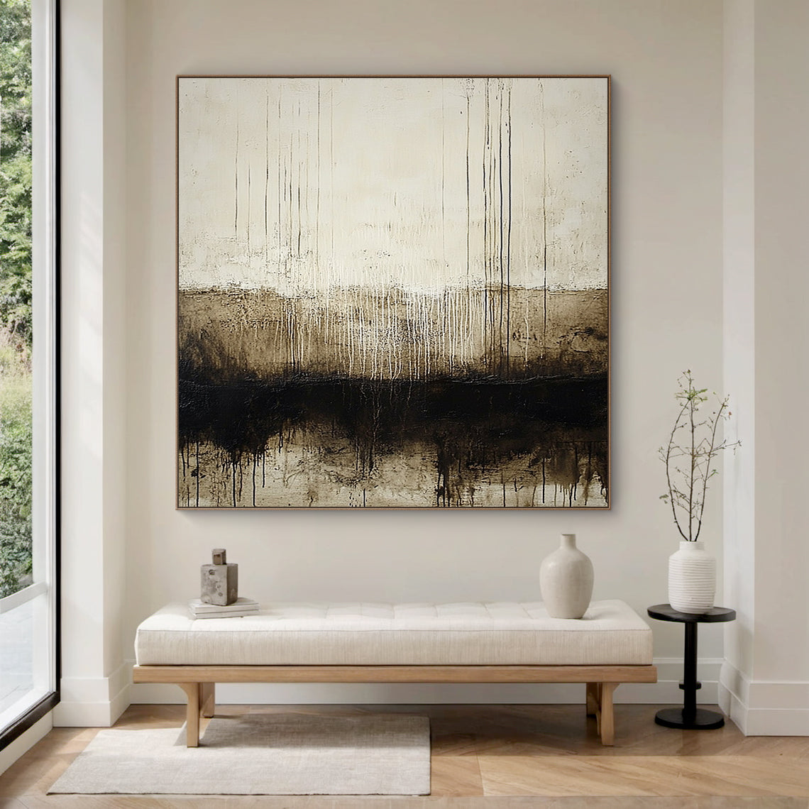 Wabi Sabi Beige Black Abstract Art with Dripped Paint Scratch Marks Tactile Texture Vertical Lines AURA590