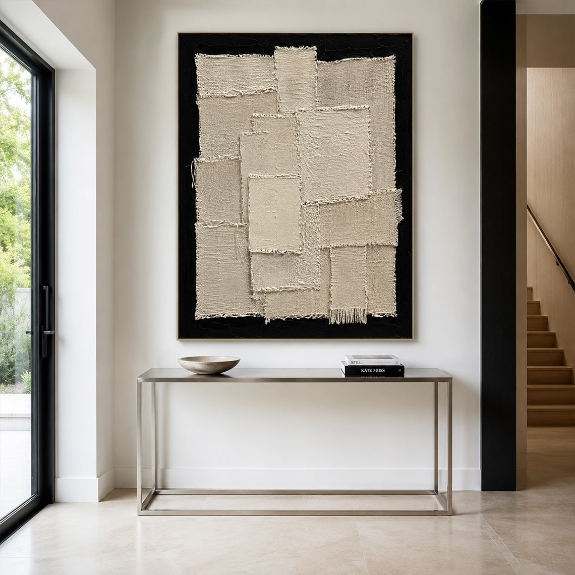 Wabi-Sabi Japandi 3D Textured Black Beige Sculpted Canvas Plaster Tactile Fringe Minimalist Abstract Painting AURA759