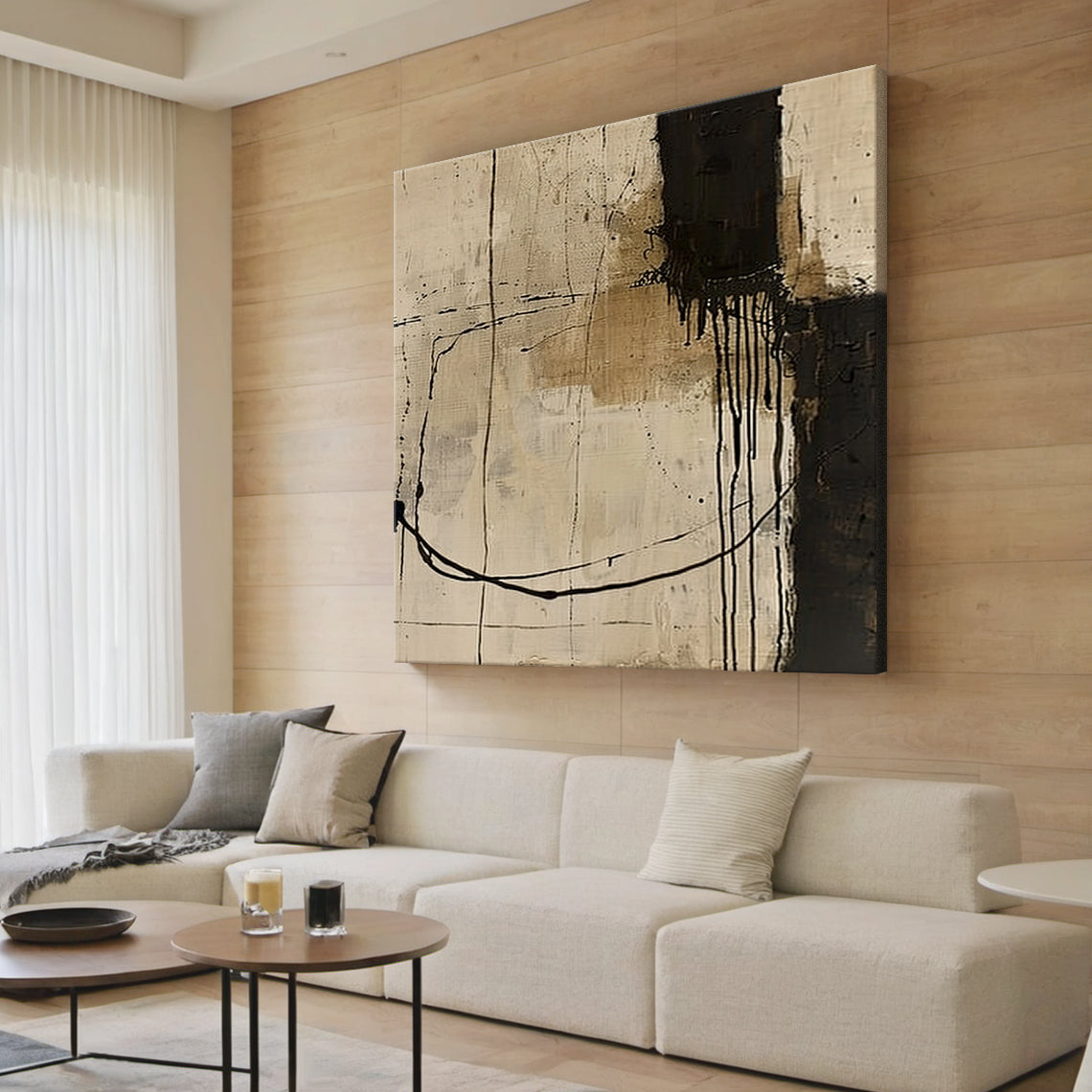 Wabi Sabi Beige Black Tactile Canvas Art with Paint Drip Details Irregular Lines Rustic Texture AURA586