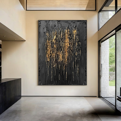 Metallic Drip Texture Canvas-Charcoal & Gold Accents-AURA031