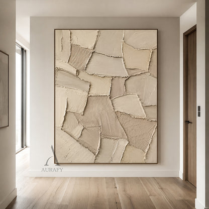 Earthen Patchwork, Beige Brown Geometric Relief Painting AURA858