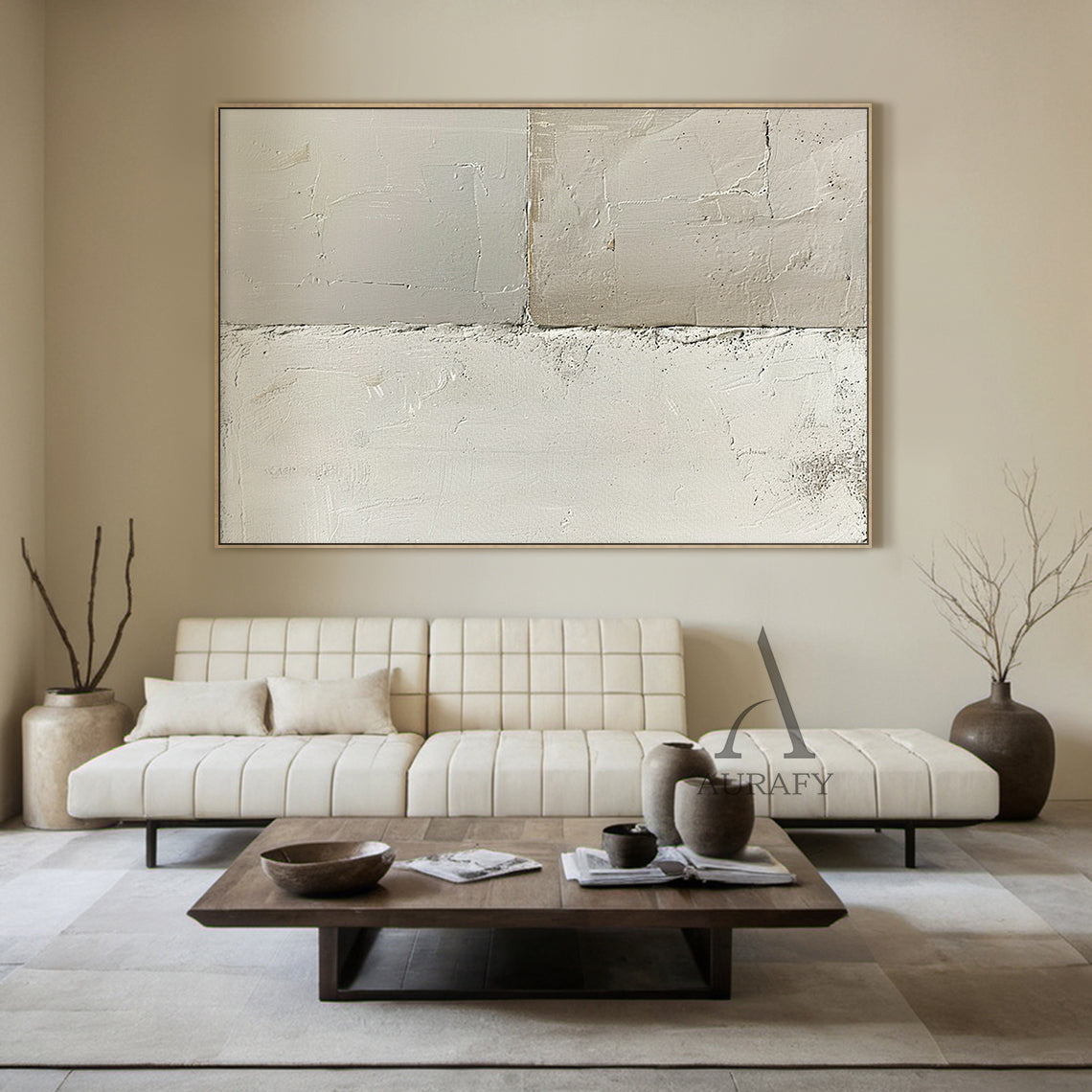 General Abstract Beige White Cracked Plaster Textured Wabi-Sabi Tactile Modern Organic Artwork AURA473
