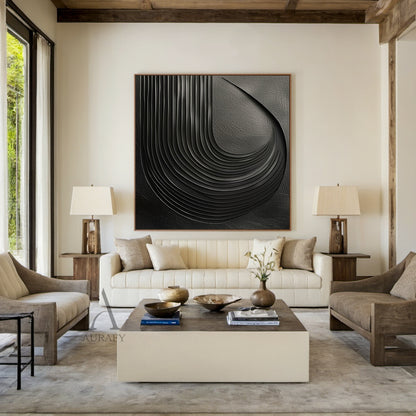 Minimalist Black Wall Art High-Relief Layered Curves Tactile Surface Modern Minimalist Piece AURA428