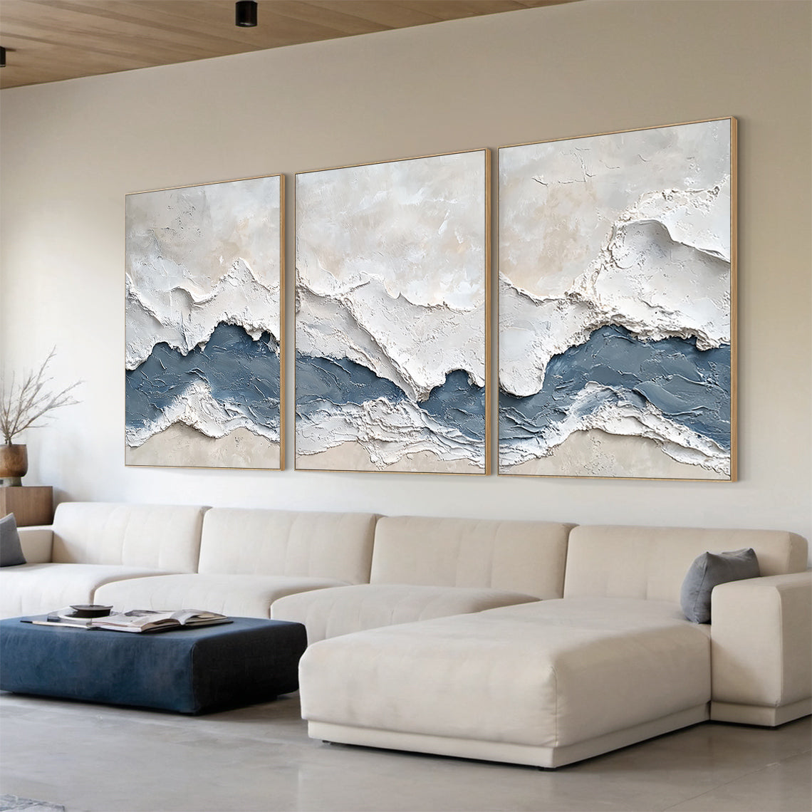 Modern 3D Textured Blue Abstract 3-Piece Living Room Wall Art AURA165