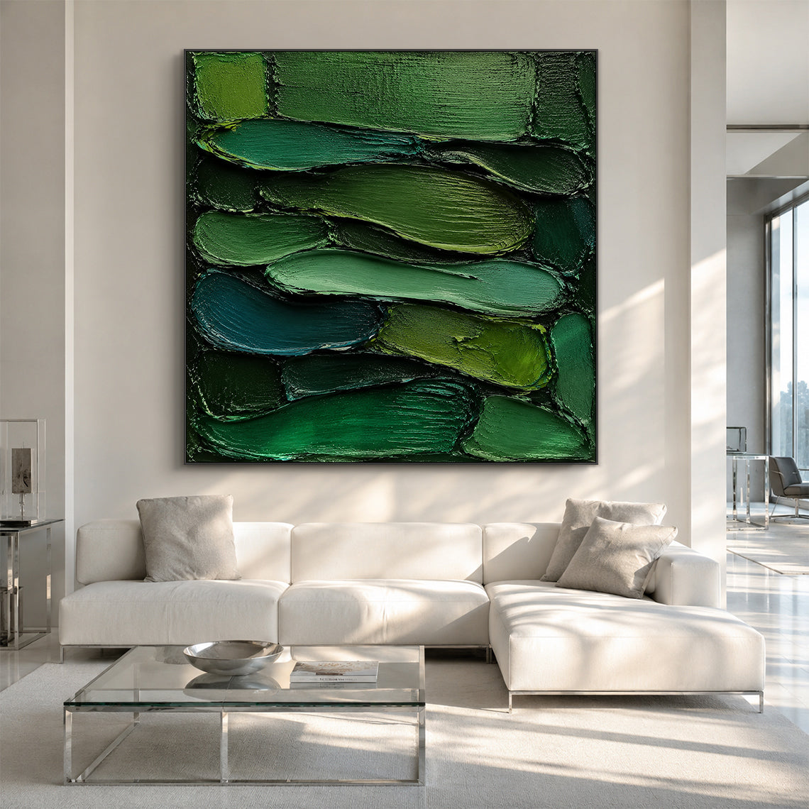 Green 3D Textured Painting Knife Stroke Wabi-Sabi High-Relief Plaster Tactile Modern Organic Japandi Wall Art AURA763