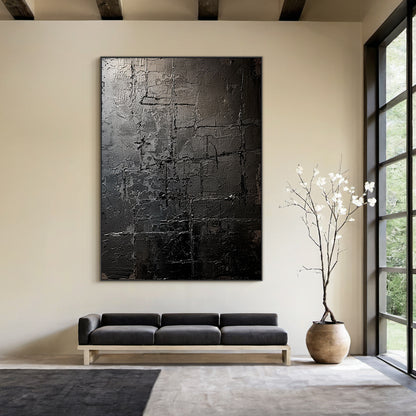 Monochrome Grid Texture Wall Art-Onyx & Charcoal Tones-AURA032