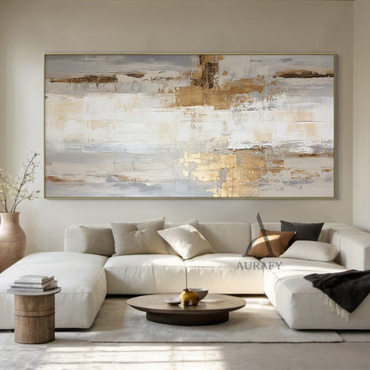 General Abstract Art White Beige Metallic Gold Impasto Texture Tactile Surface Modern Organic Canvas AURA485