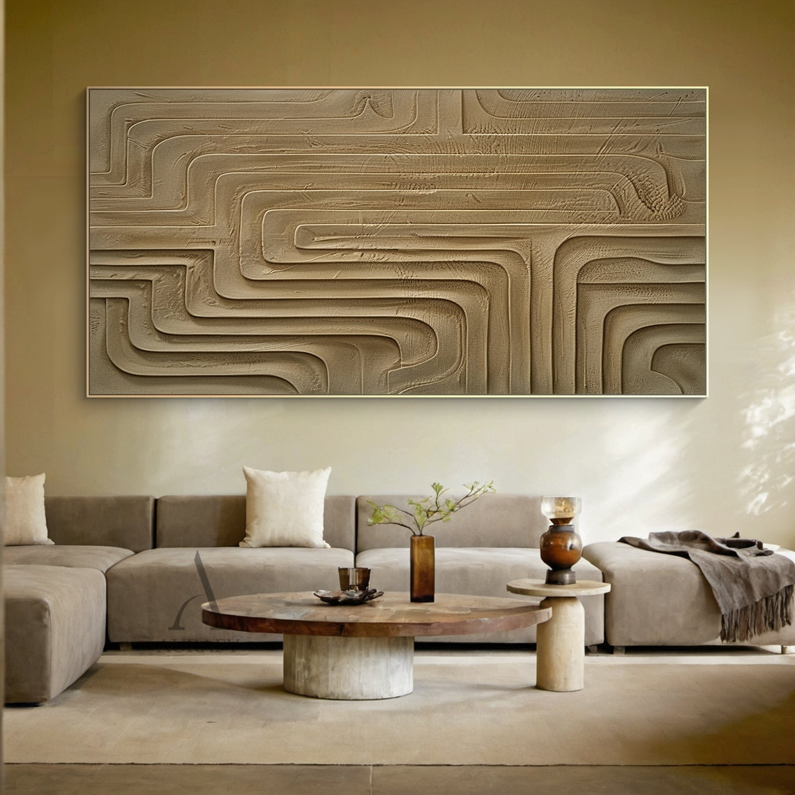 Minimalist Wall Art Brown High-Relief Plaster Tactile Surface Sculpted Geometric Lines Minimalist Luxe Decor AURA432