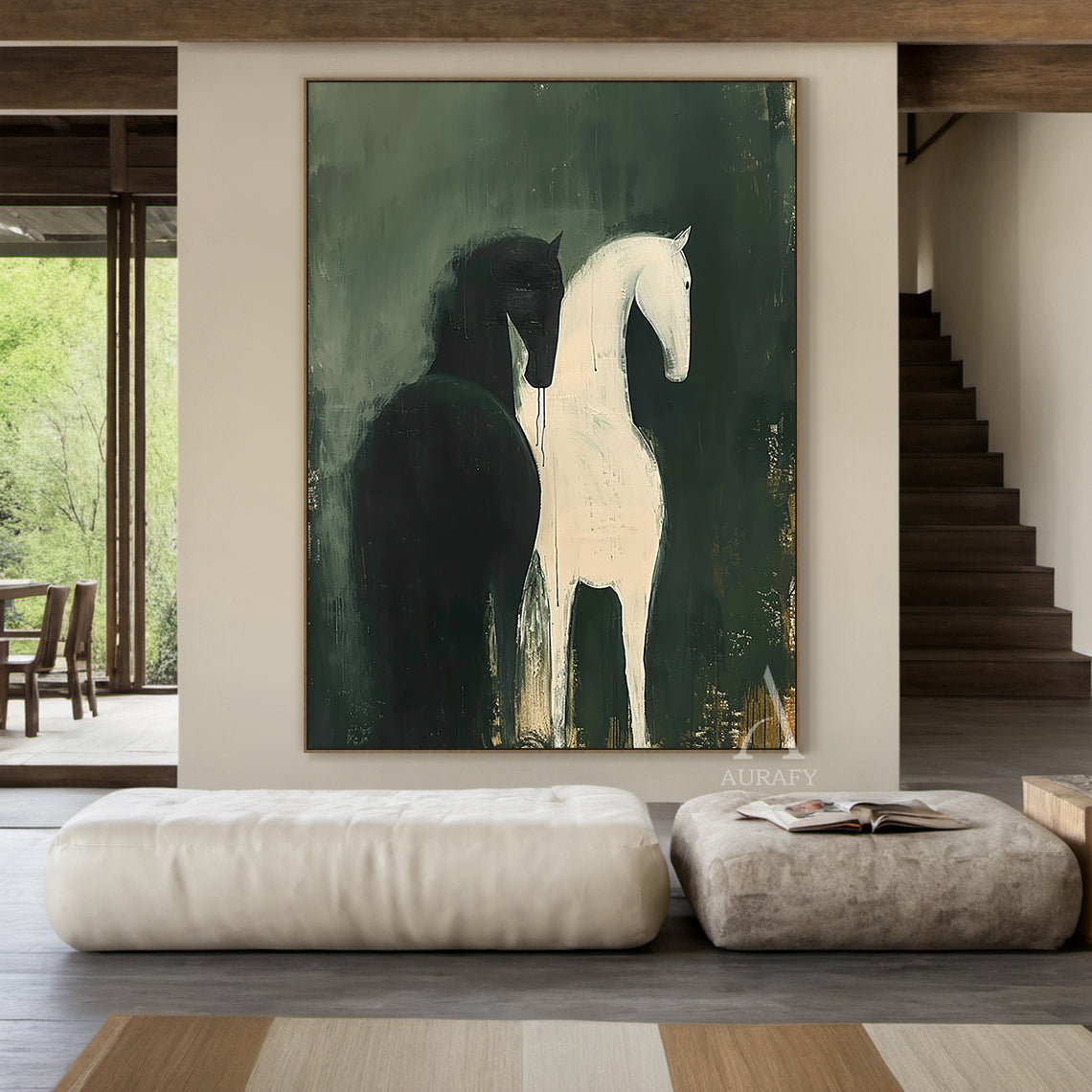 Large Scale Abstract Green Horse Oil Painting Textured Animal Wall Art-AURA340