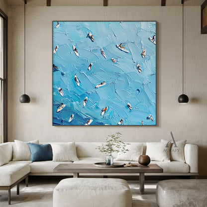 Blue Sea Surfing Art Impasto Texture Dynamic Surfer Scene Knife Strokes Vibrant Blue Tones AURA417