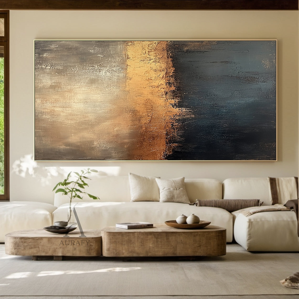 Brown and Deep Blue Abstract Painting with an Amber Color Break - AURA853
