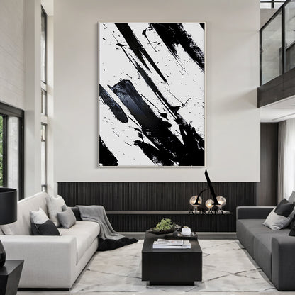 Minimalist Wall Art Black White Abstract Brushstroke Ink Splatter Dynamic Tactile Art AURA551