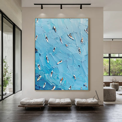 Blue Sea Surfing Art Impasto Texture Dynamic Surfer Scene Knife Strokes Vibrant Blue Tones AURA417
