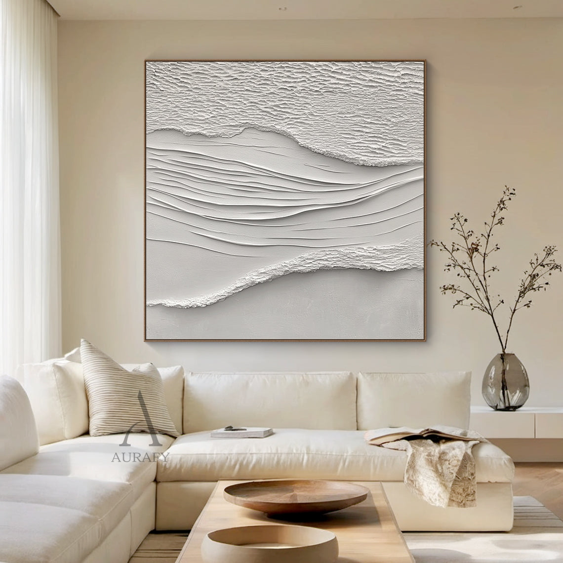 White Sea Textured Artwork High-Relief Plaster Tactile Surface Sculpted Lines Modern Organic AURA443