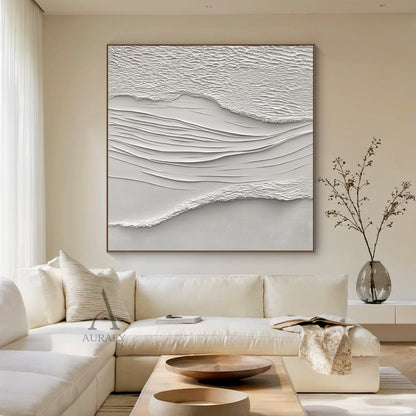 White Sea Textured Artwork High-Relief Plaster Tactile Surface Sculpted Lines Modern Organic AURA443