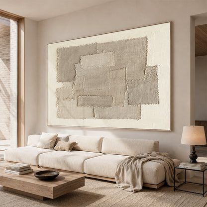 Beige 3D Textured Wall Art Japandi Frayed Linen Collage Tactile Modern Organic Minimalist Decor AURA758