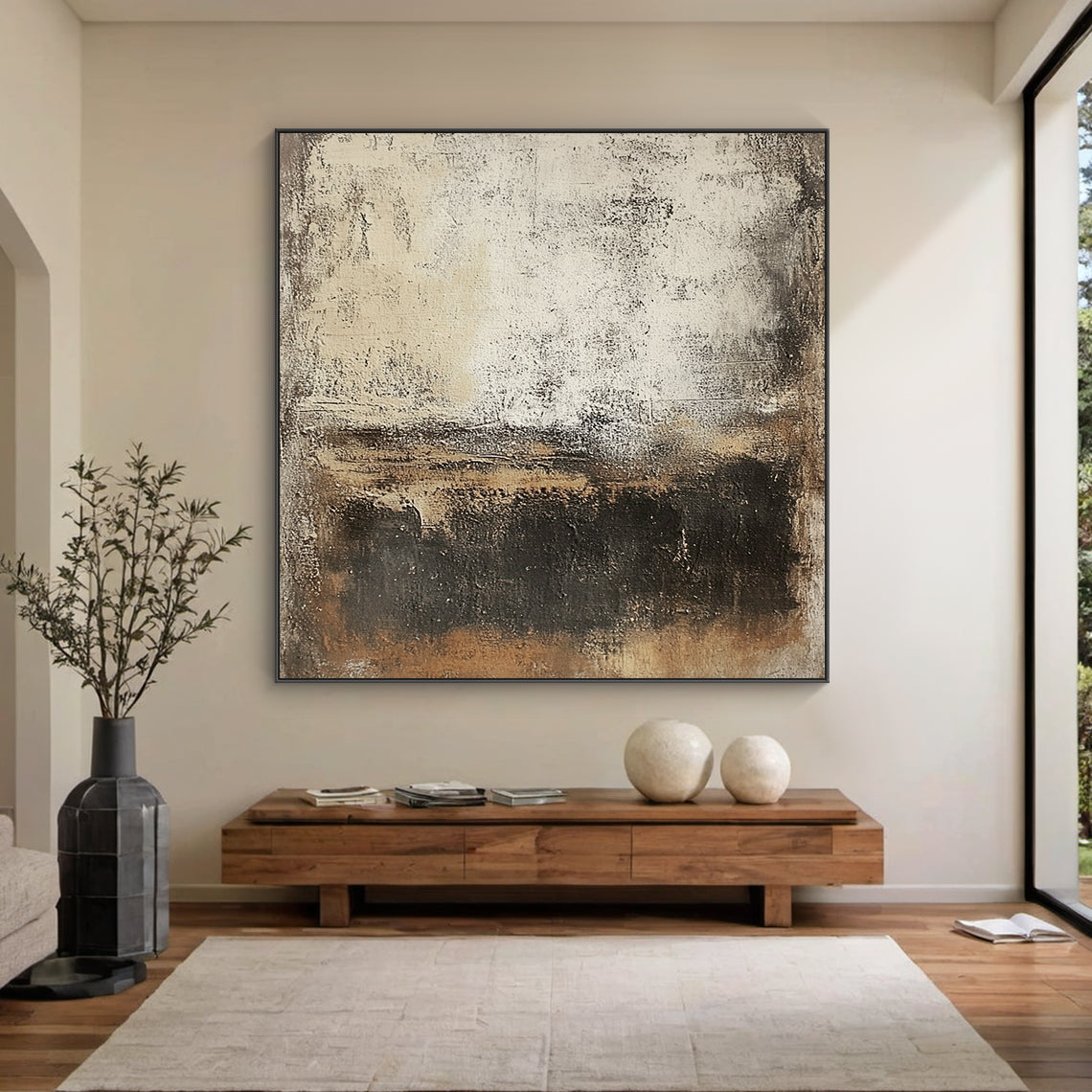 Wabi Sabi Abstract Art Beige Black Distressed Tactile Plaster-like Organic Wall Decor AURA591