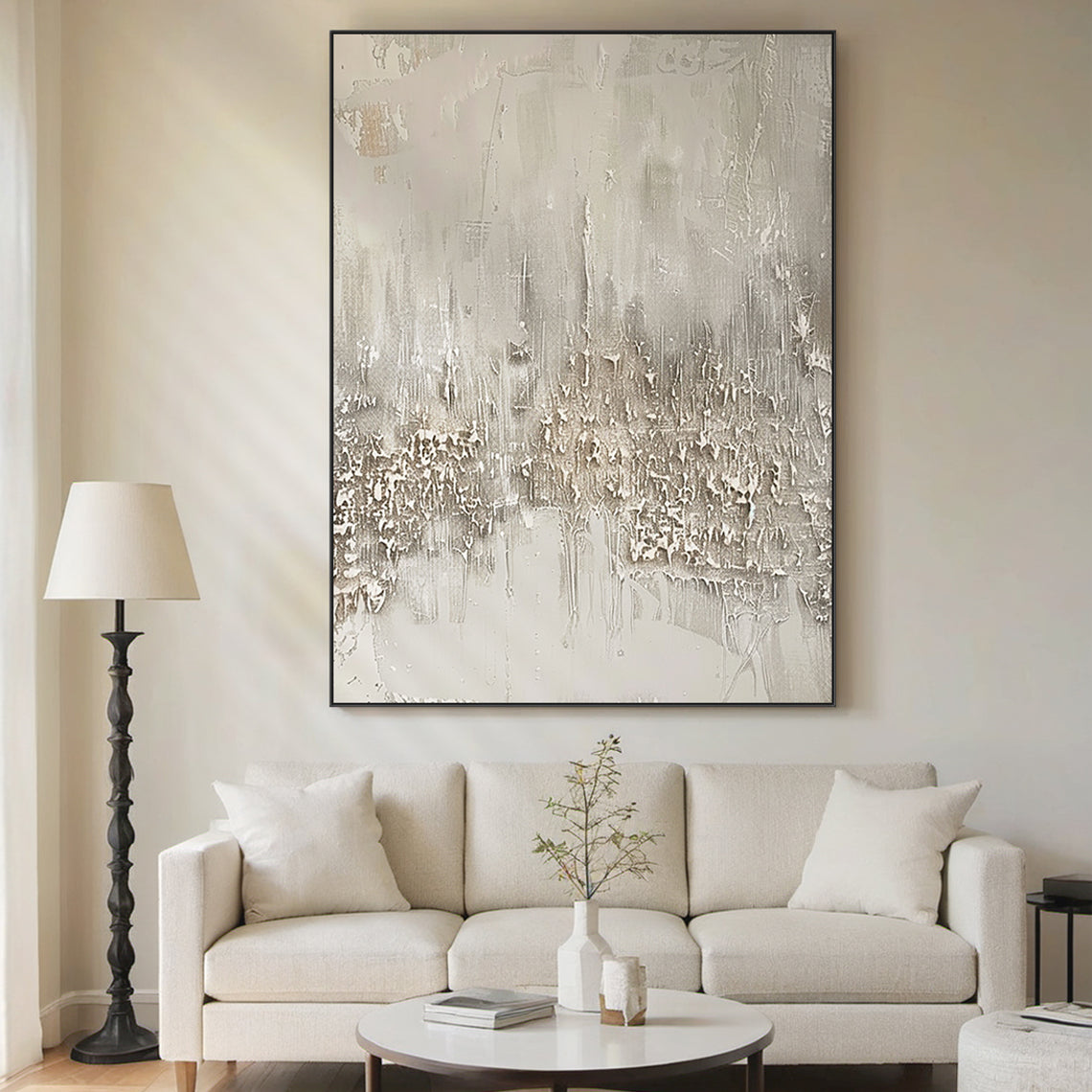 Distressed Drip Canvas – Soft Gray & Cream Tones – AURA024(Square)