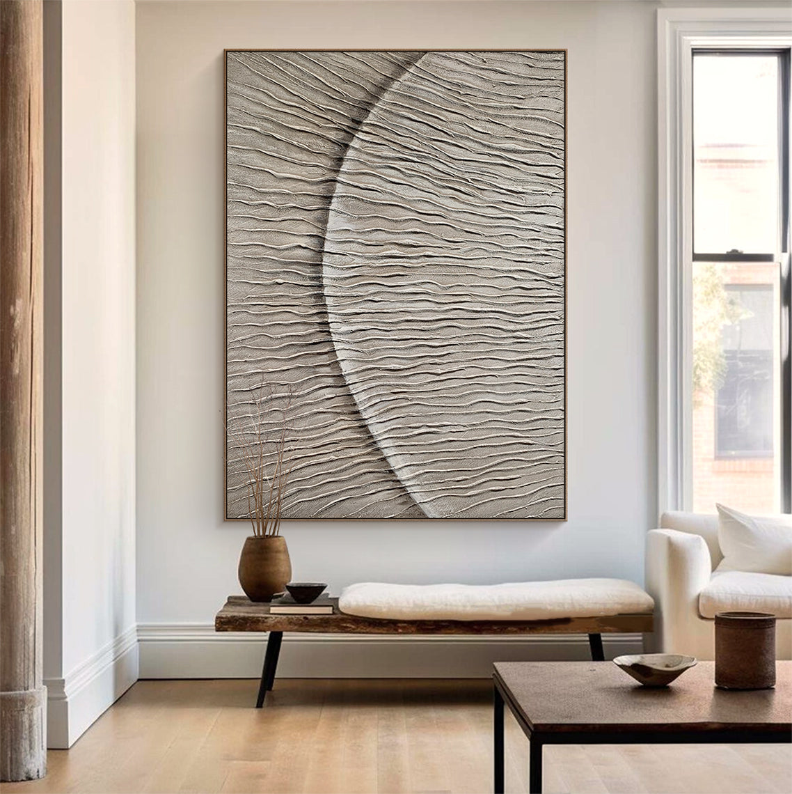 Lunar Wave Wall Art – Textured Taupe Minimalist Painting – AURA016