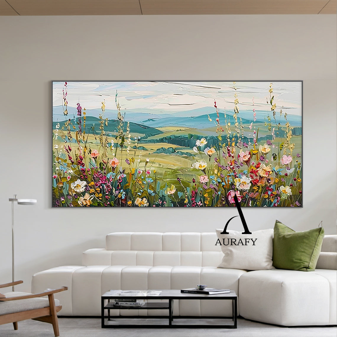 3D Textured Flower Painting with Knife Strokes High-Relief Tactile Green Pastoral Landscape Art AURA574