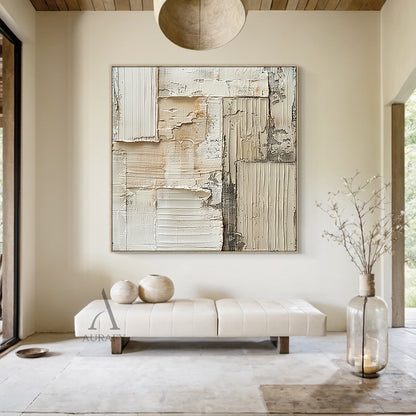 Weathered Grid, Beige Ridged Plaster Abstract Painting AURA868