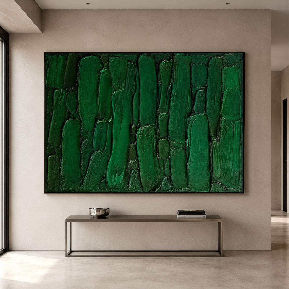 Green 3D Textured Painting Plaster Impasto Knife Stroke Wabi-Sabi Sculpted Canvas Minimalist Luxe Wall Art AURA762