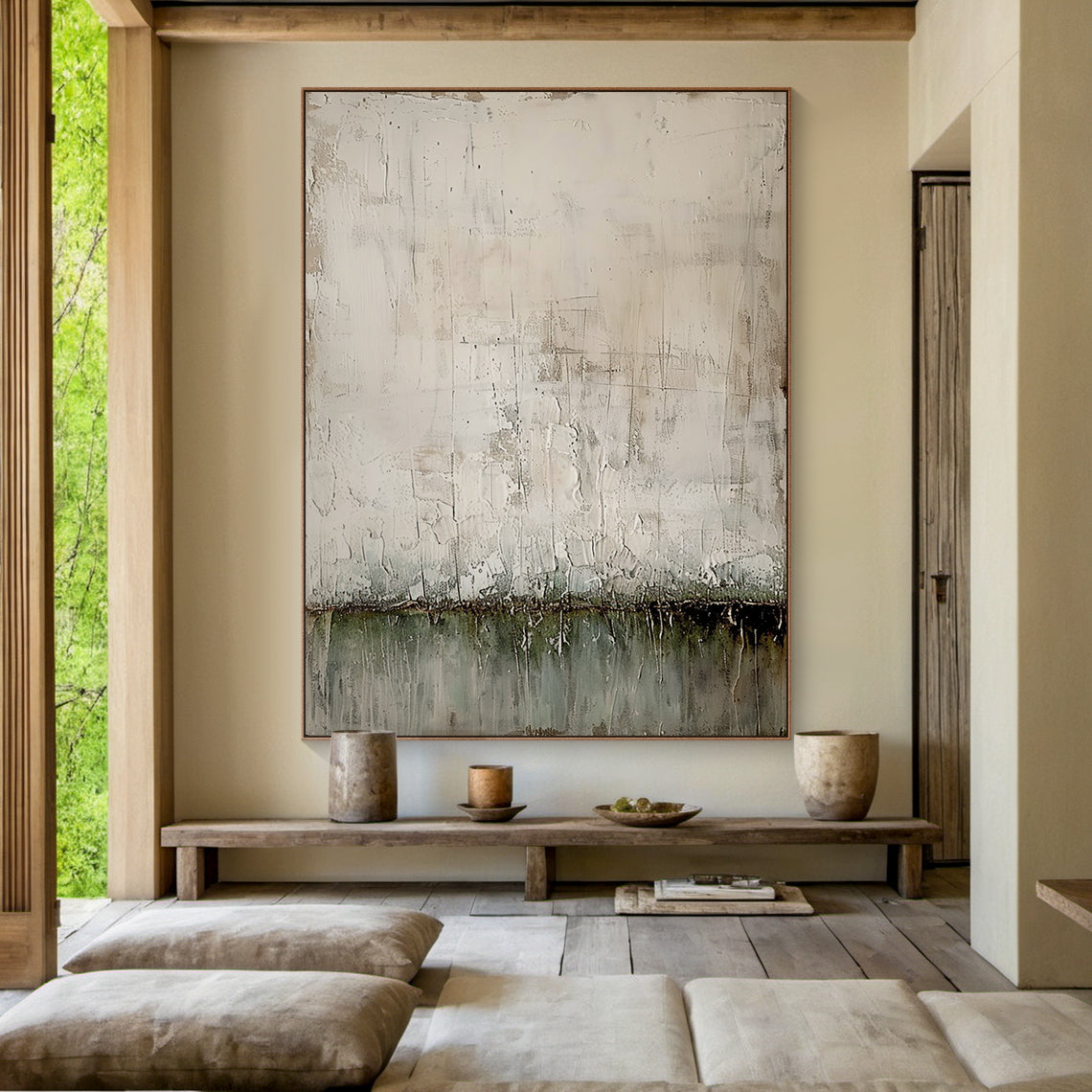 Wabi Sabi Plaster Textured Beige Green Impasto Scuffed Peeling Dripped Modern Artwork AURA576