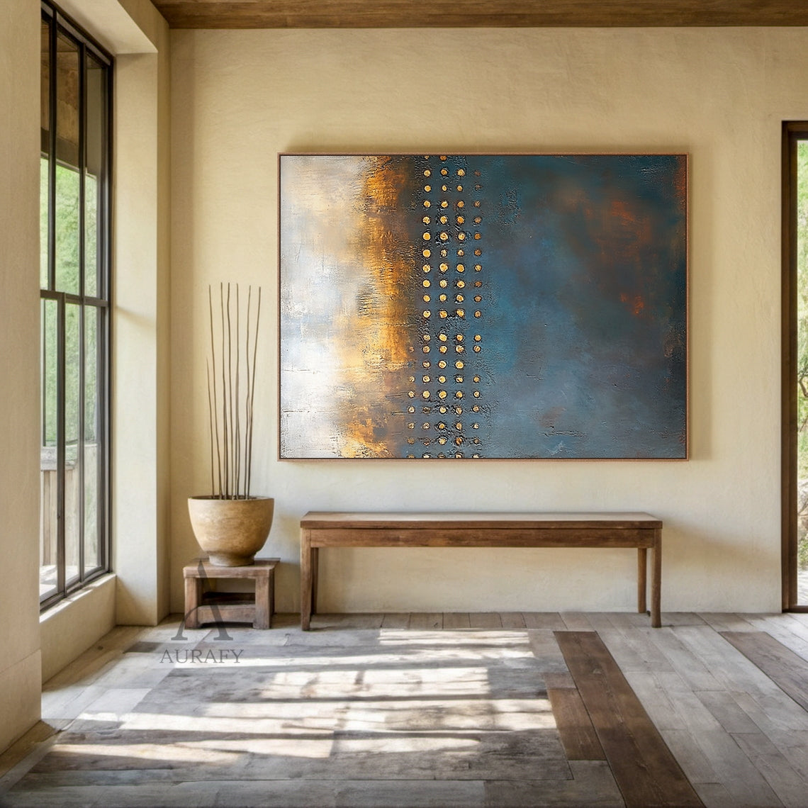 Blue and Beige Abstract Wall Art with a Golden Dot Grid - AURA851