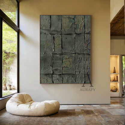 Green Abstract Art Tactile Natural Texture Grid Pattern Thick Paint Wall Decor AURA470