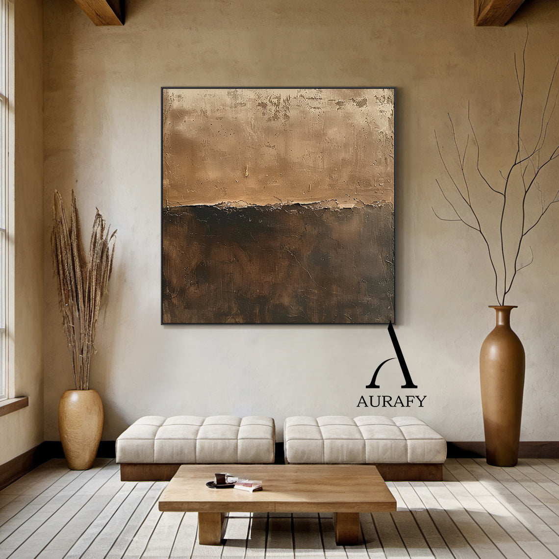 Wabi Sabi Brown Plaster Textured Abstract Art with Cracked Peeling Edges Tactile Surface AURA555