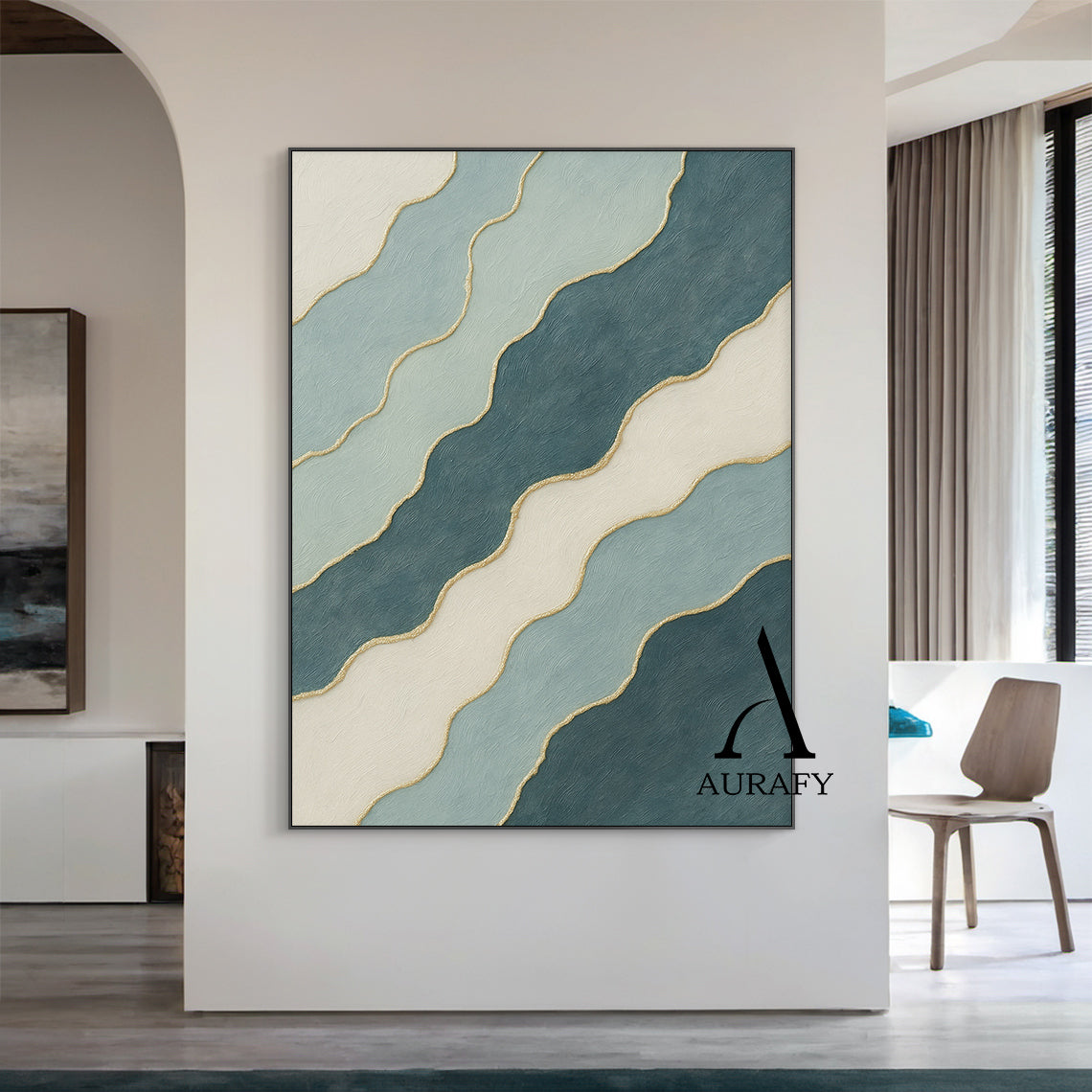 3D Textured Abstract Painting Blue White Green Gold Accent Tactile Minimalist Luxe AurafyArt AURA520