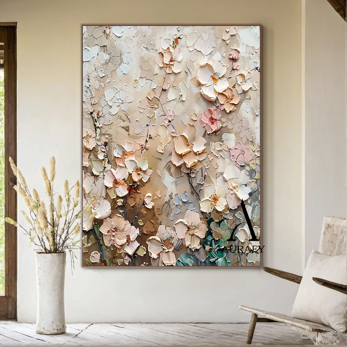 3D Textured Flower Painting High-Relief Tactile Beige Tone Knife Strokes Modern Organic Art AURA572