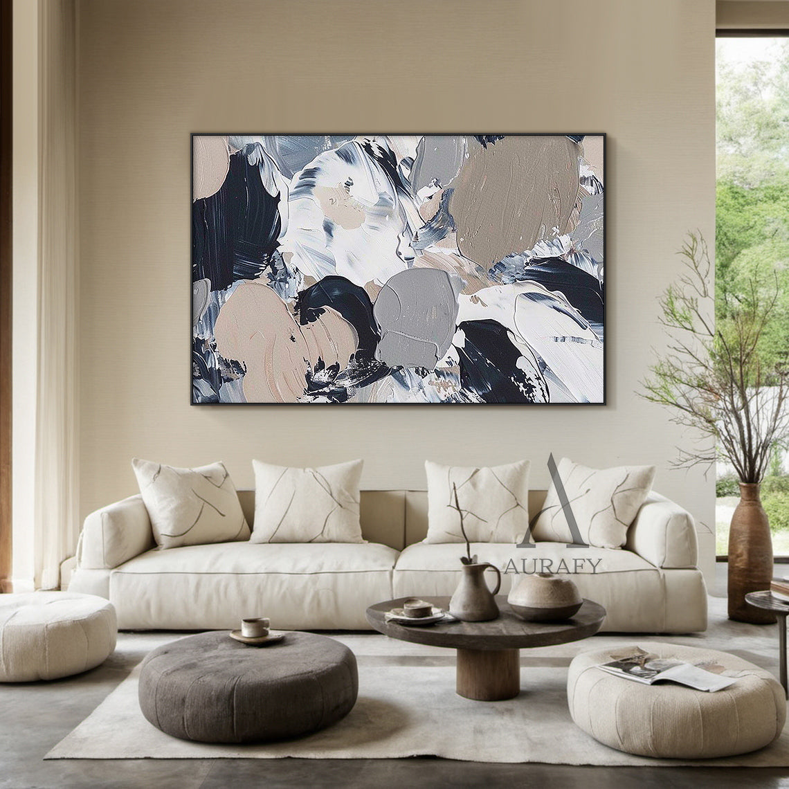 General Abstract Wall Art with Tactile Impasto Texture White Black Beige Modern Organic Design AURA478