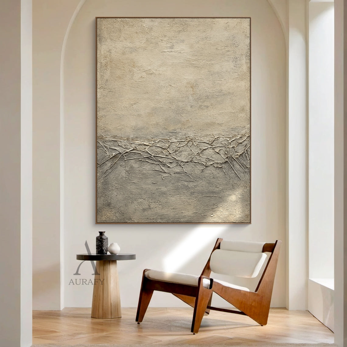 General Abstract Beige Wabi-Sabi Vintage Art with Cracked Distressed Plaster-like Tactile Texture AURA426