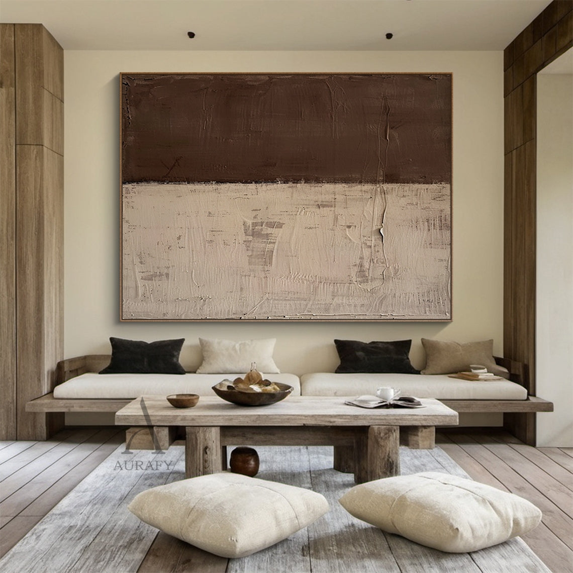 Brown & Beige Two-Tone Textured Abstract Wall Art | Wabi Sabi Japandi Minimalist Canvas | AURA810