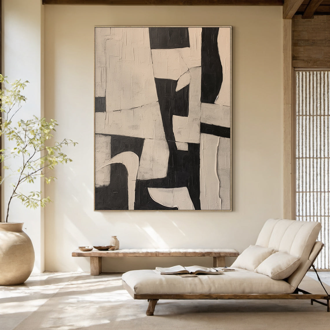 Abstract Geometric Texture Canvas – Noir & Sand painting – AURA050(Horizontal)