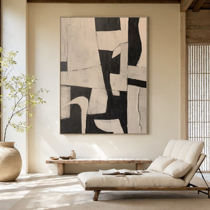 Abstract Geometric Texture Canvas – Noir & Sand painting – AURA050(Horizontal)