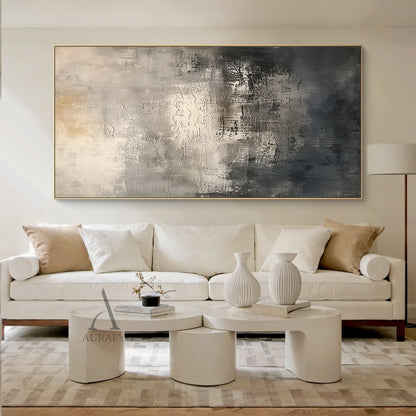 Abstract Black Beige Artwork with Tactile Scratched Texture Mottled Patches Worn Finish Minimalist Luxe AURA639